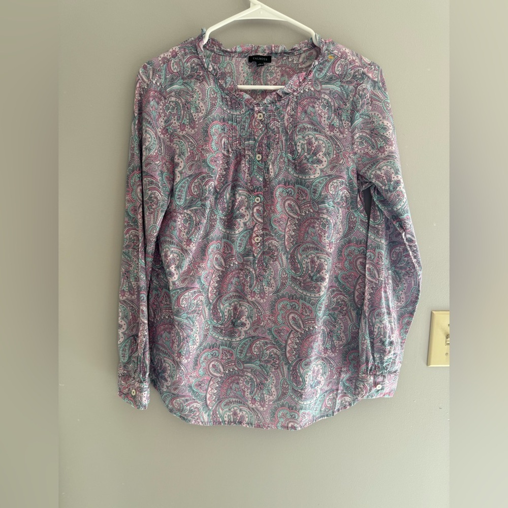 Talbots Womens Paisley 3/4 Button Long Sleeve Shirt SZ SM Ruffle 100% Cotton